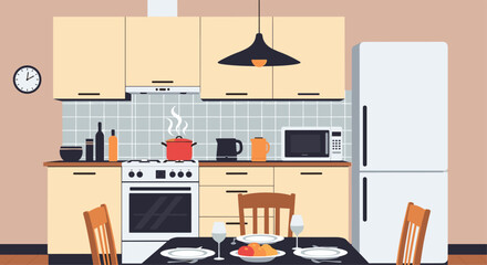 Modern and fully equipped kitchen and dining room interior featuring a refrigerator stove microwave cabinets and a set table.