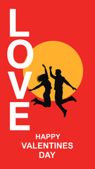 Obraz premium Happy Valentines Day couple jumping in love with sunset