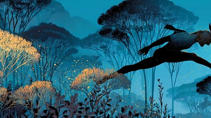 Person running through forest with fireflies on a magical night