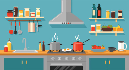 Vibrant modern kitchen interior features cooking pots on a stove shelves filled with ingredients fresh produce and a range hood creating a realistic domestic scene.