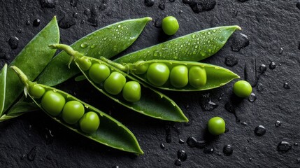 Bunch of green peas are on a black surface. The peas are in pods and are surrounded by water droplets