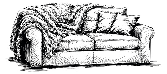 Hand drawn illustration of a cozy sofa depicting a plush blanket and pillows for home interior design and relaxation