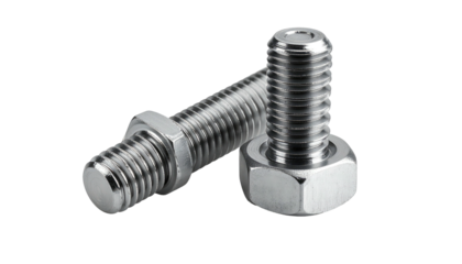 Close-up of two metallic bolts with hexagonal heads, resting on a stark black background