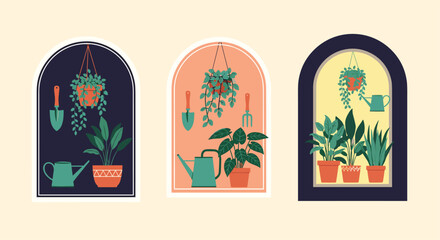 Set of three arched decorative frames showcasing beautiful potted houseplants and essential gardening tools in an artistic composition.