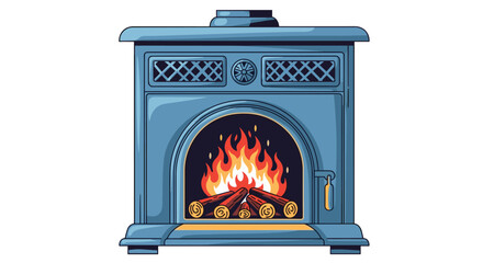 Cozy old-fashioned blue cast iron fireplace with cheerful burning logs inside providing warmth and a comforting ambiance.