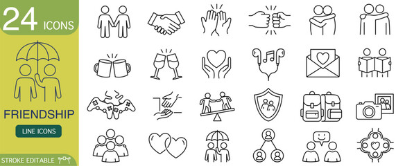 Friendship line icon set, collection of vector symbols showing love, support, and connection. Outline pictograms for trust, relationship, teamwork, and unity concepts