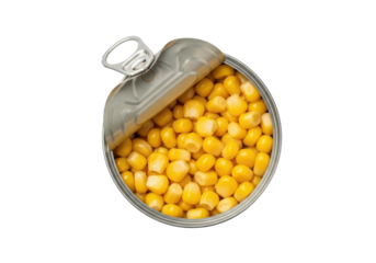 Opened metallic can brimming with bright yellow sweet corn kernels, lid partially peeled, isolated against a transparent background, overhead shot, macro lens detail. Concept of convenience food
