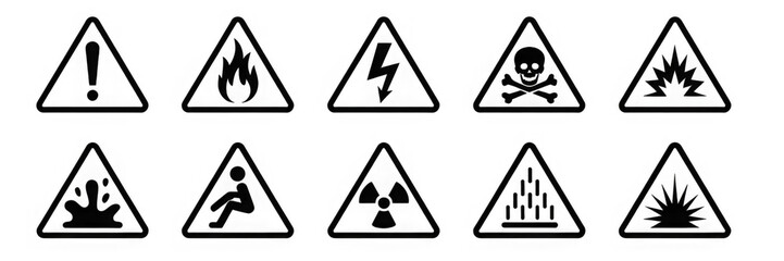 Hazard and warning signs with various danger symbols including toxic, flammable, electrical, biohazard, explosion, slipping and chemical risks shown inside triangular caution shapes – stock