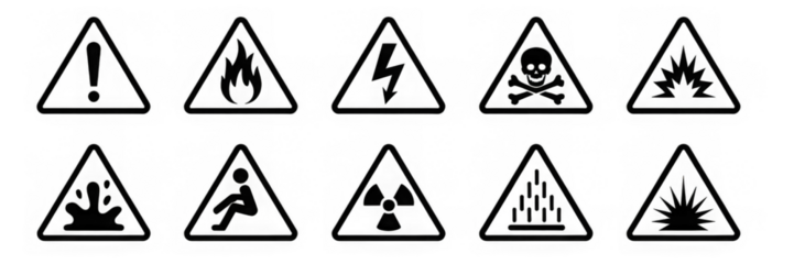 Hazard and warning signs with various danger symbols including toxic, flammable, electrical, biohazard, explosion, slipping and chemical risks shown inside triangular caution shapes – stock
