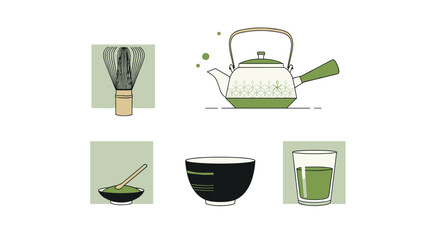 Essential matcha tea preparation items including a traditional whisk elegant teapot matcha powder in bowls and a tea glass.