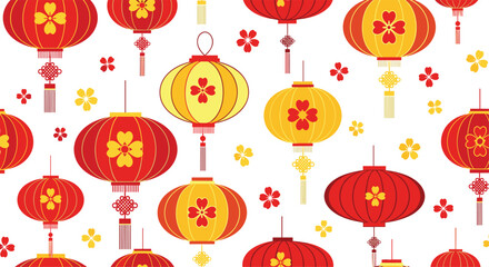 Festive seamless pattern featuring traditional red and yellow Chinese lanterns with delicate floral designs and scattered blossoms.