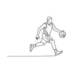 A dynamic line drawing depicts a basketball player in mid movement with the ball