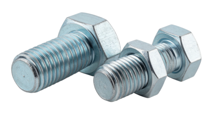 Close-up of two shiny metal bolts and nuts, with a black background