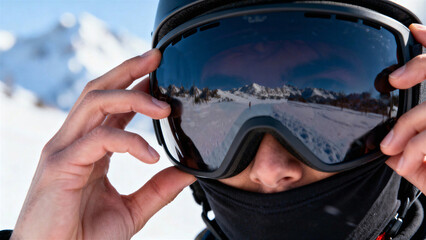 A skier puts on black goggles, the reflection of which reflects snow-capped mountains in the background.