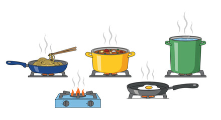 Assortment of steaming cooking pots and pans placed on gas burners preparing various delicious meals and hot water.