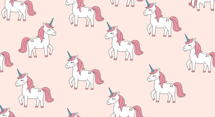 Whimsical seamless pattern featuring a multitude of cute white unicorns with flowing pink manes and tails.