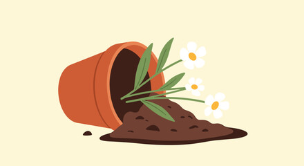 Terracotta pot overturned on its side with soil and white flowers spilling out is depicted on a light beige background representing gardening mishaps or new beginnings.