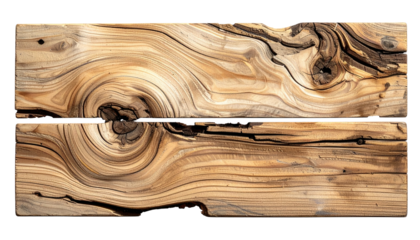 Close-up of two weathered wood planks with intricate grain patterns and knots