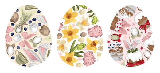 Hand-drawn Easter egg shape greeting cards with spring flowers and bird eggs, Easter cakes and dyed eggs, bow and bunny ears