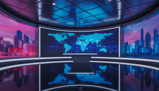 Modern global news studio with digital world map background perfect for news broadcast background, virtual event stage 
