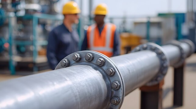 Two industrial workers in safety gear discuss ope ns near a large metal pipeline with flanges and bolts