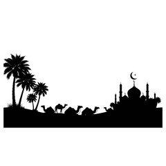 Minimal black and white silhouette illustration of camels resting near palm trees in the desert, with a mosque under a crescent moon and stars, capturing a calm Ramadan night atmosphere on a clean whi