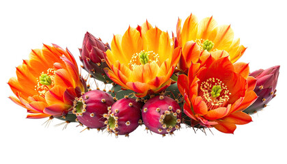 Close-up of vibrant orange and yellow flowers blooming from a cactus plant with red fruit
