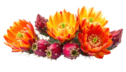 Close-up of vibrant orange and yellow flowers blooming from a cactus plant with red fruit