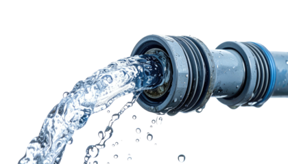 Close-up of water flowing vigorously from a hose. Clear water gushing forth against a dark backdrop
