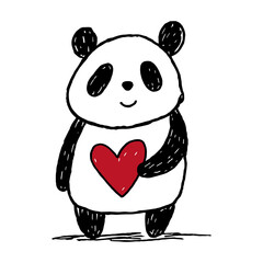 Cute panda holding red heart. Outline doodle hand drawn valentines animal character. Love concept, crayons art, vector animal icon