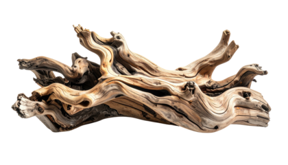 Close-up of weathered driftwood on a solid black backdrop, showing intricate textures