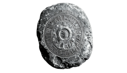 Close-up of weathered stone slab with carved concentric designs and central stylized motif