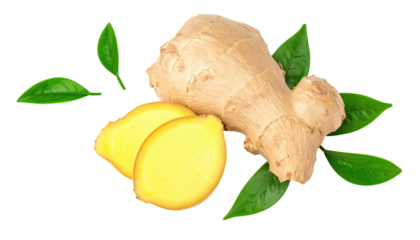 Close-up of whole ginger root, sliced pieces, and fresh green leaves on a black background