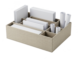 Organized office supplies in a beige desk tray isolated on transparent background