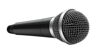 Close-up studio shot of a black and silver handheld microphone with a mesh head