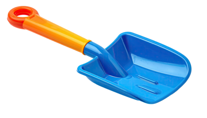 Close-up studio shot of a brightly colored plastic toy shovel against a black background