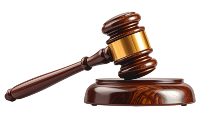 Close-up studio shot of a brown wooden gavel resting on its matching sound block