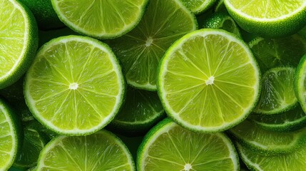 Close up of green lime slices. The lime slices are arranged in a pattern, with some overlapping and others not. Concept of freshness and health, as limes are known for their high vitamin C content