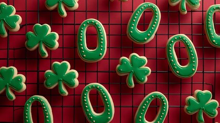 St patrick s day themed cookies on a red grid background