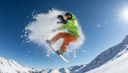 Snowboarder in bright mood jumping on a snowboard in snowy mountains