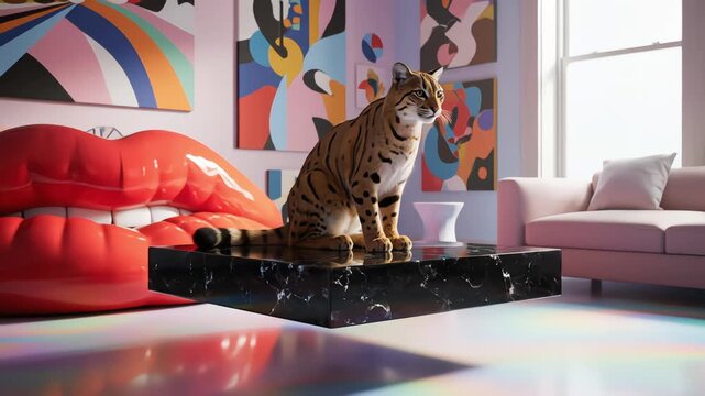A majestic ocelot sits on a glass coffee table in a chic room with a red lip-shaped sofa against a dark green wall