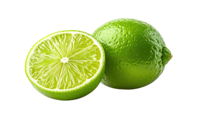 Close-up studio shot of a vibrant green lime, sliced open with the other whole