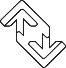 A minimalist black and white vector icon featuring two interlocking, stylized arrows pointing in opposite diagonal directions, symbolizing exchange, sync, or circular movement.