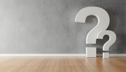 Two large question marks standing in an empty room with a wooden floor and gray wall