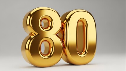 Golden volumetric number 80 isolated on a studio background. 80th anniversary, birthday, or business achievement milestone.