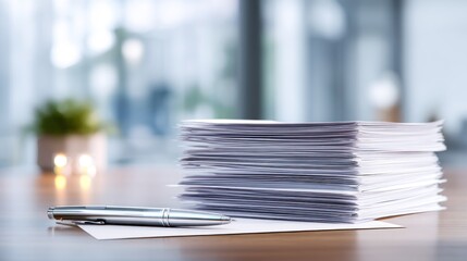 Stack of papers and pen on table