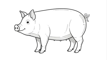 Obraz premium Black and White Outline Illustration of a Standing Domestic Pig. Hand-drawn Farm Animal Sketch, Ideal for Coloring Books or Graphic Resources.