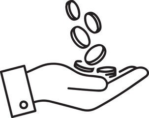 A minimalist black and white line art vector showing coins falling into an open palm. Representing themes of saving, earnings, tipping, or financial assistance in a clean, professional style.
