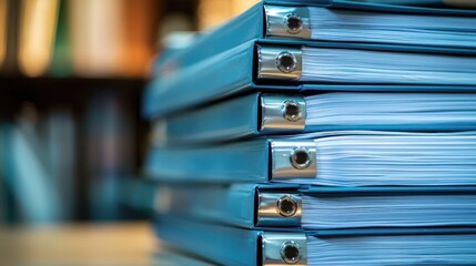 Stacked blue binders on a desk