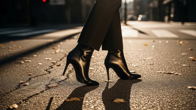 Close-up of black leather high heel ankle boots walking confidently on asphalt city street pavement during dramatic golden hour lighting, symbolizing modern style and business success.